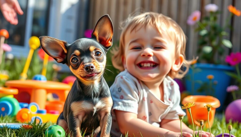 Chiweenie puppy and child