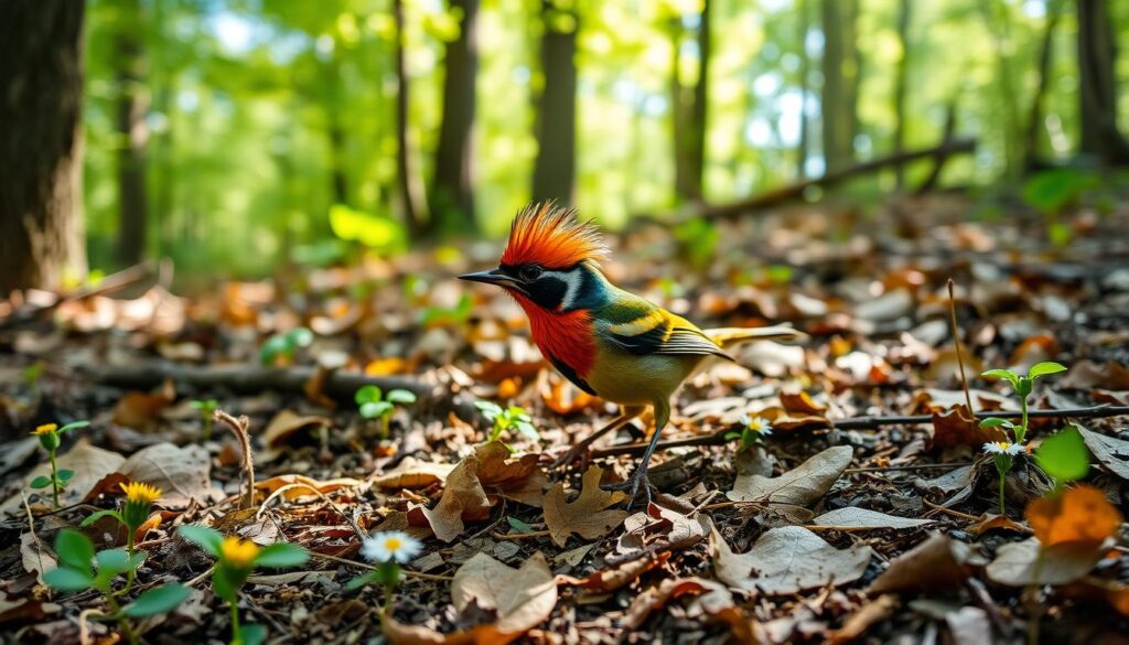 crested woodland bird foraging